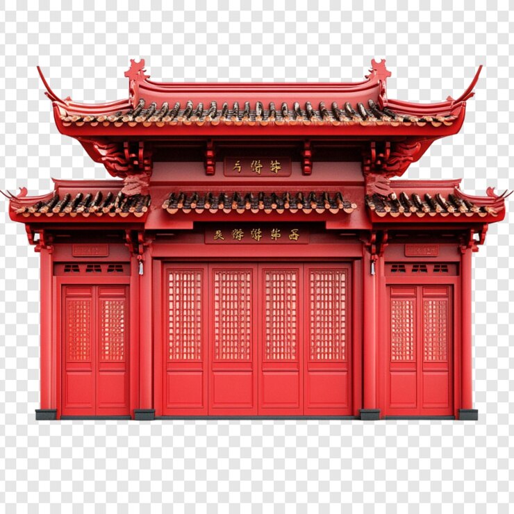 PSD żywąca czerwona brama w stylu chińskim z skomplikowanymi szczegółami i złotymi literami na przezroczystym tle idealna do projektów projektowych i wizualizacji architektonicznych