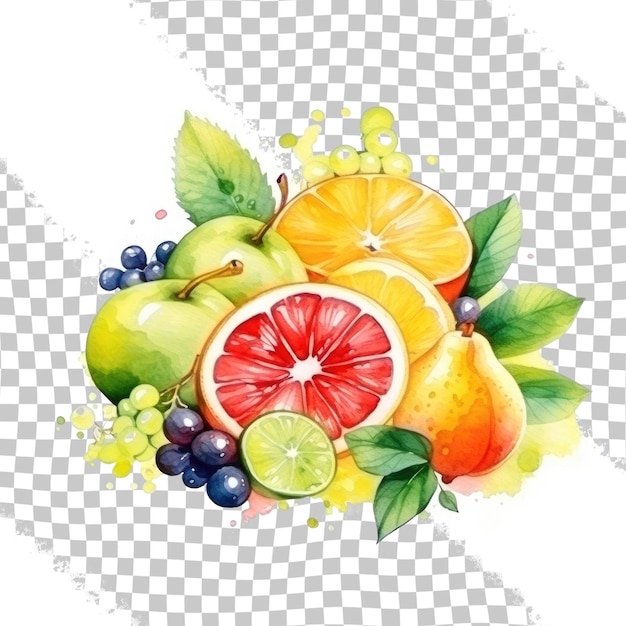 PSD Żywy akwarel różnorodnych owoców na przezroczystym tle