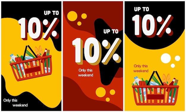 0 Set of posters for grocery store with shopping basket