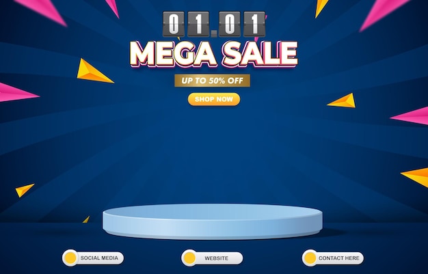 Vector 0101 new year mega sale discount template banner with blank space 3d podium for product sale with abstract gradient blue background design