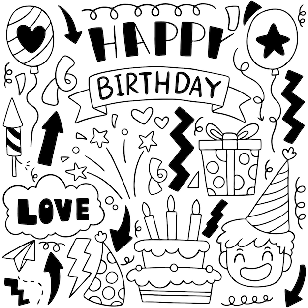 Vector 02-09-020 hand drawn party doodle happy birthday ornaments background pattern vector illustration