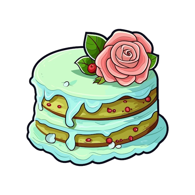 Наклейка на пирог с фисташковыми розами, прохладные цвета и иллюстрация каваи.