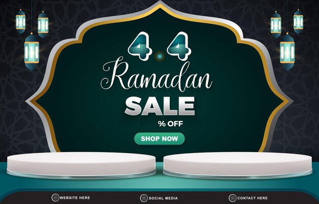 0404 ramadan verkoop korting sjabloon banner met lege ruimte 3d podium voor productverkoop met abstract verloop donkergroen achtergrondontwerp