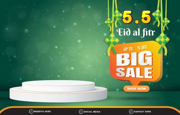 0505 eid big sale discount template banner with copy space 3d podium for product sale with abstract gradient green background design