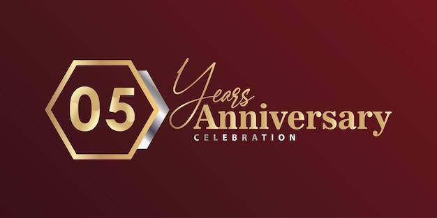 Vector 05th year anniversary celebration golden and silver color with hexagon shape for celebration event.