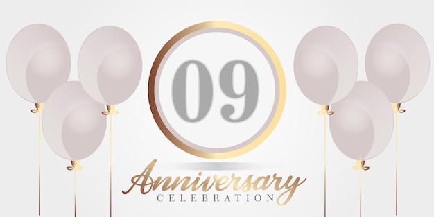 09th Year anniversary celebration background.  gray and gold color numbers and text with  balloons.