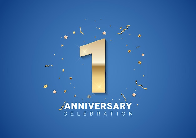 1 anniversary background with golden numbers, confetti, stars on bright blue background. vector illustration eps10