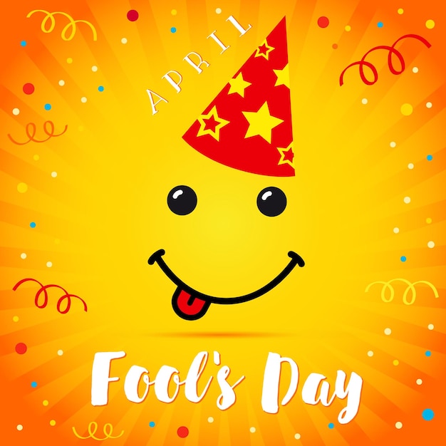 1 april Fools Day Card blij glimlach gezicht. Feestmuts en kleurrijke confetti achtergrond. Vakantie ontwerp.