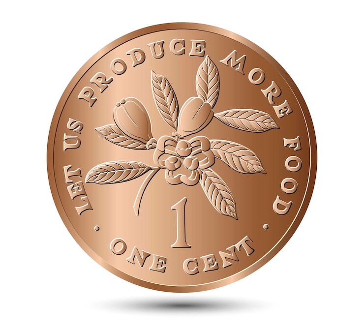Vector 1 cent 1971 to 1974 reverse jamaica ackee fruit above value legend around