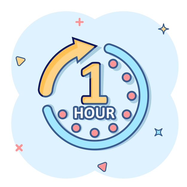 1 hour clock icon in comic style timer countdown cartoon vector illustration on isolated background time measure splash effect sign business concept