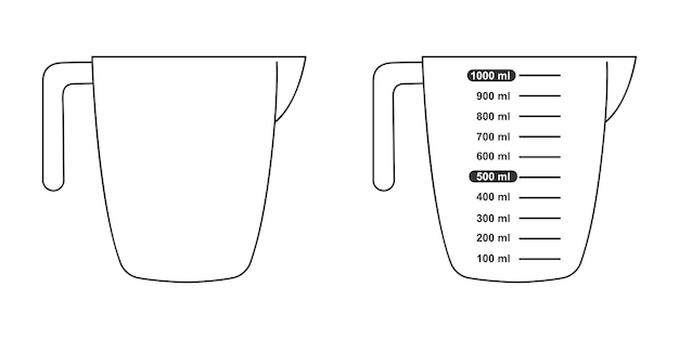 1 liter volume measuring cups with and without capacity scale Liquid containers for cooking Vector graphic illustration
