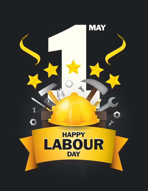 1 mei happy labour day elegant poster or banner with 3d ilustration labor equipment and five stars o