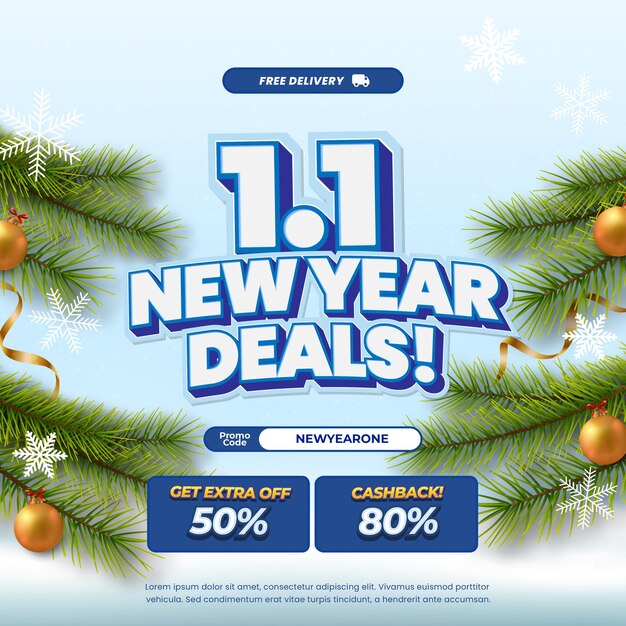 1 Nieuwjaar Sale korting aanbiedingen witte blauwe gradiënt Bewerkbare tekst effect sneeuw thema banner