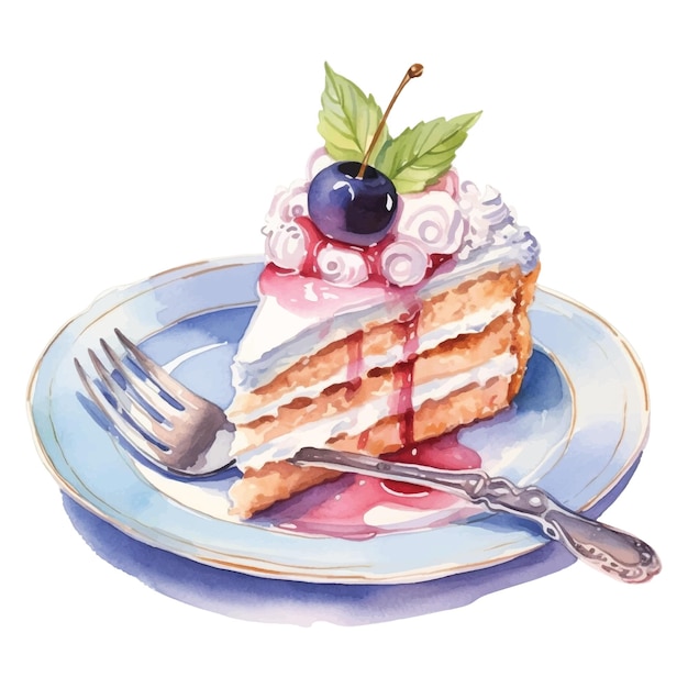 1 piece of cake on a plate with a spoon to scoop 1 piece of cake watercolor on a white background