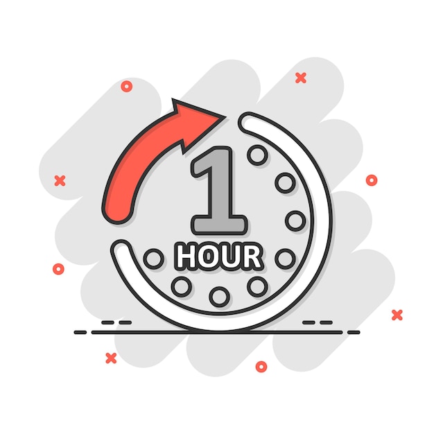 1 uur klokpictogram in komische stijl Timer countdown cartoon vector illustratie op geïsoleerde achtergrond Tijd maatregel splash effect teken bedrijfsconcept