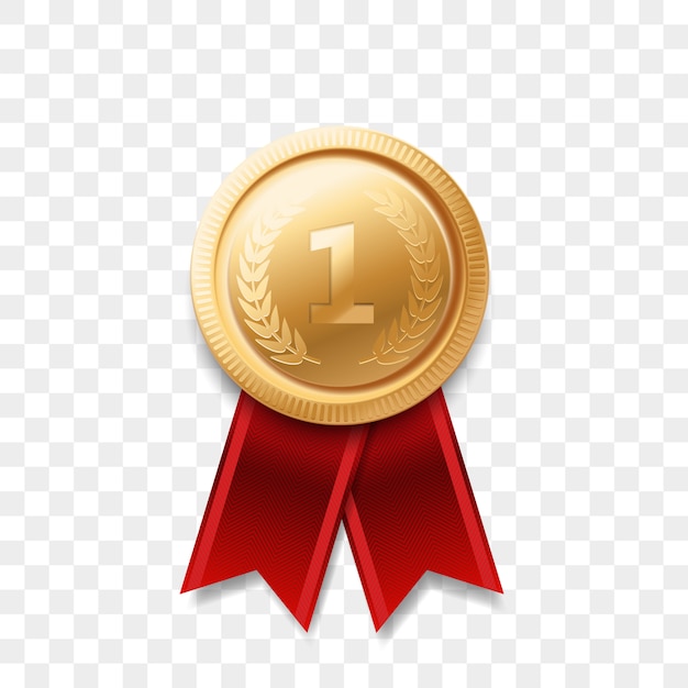 1 winner golden medal award with ribbon   realistic icon isolated  . number one 1st place or best victory champion prize award gold shiny medal badge