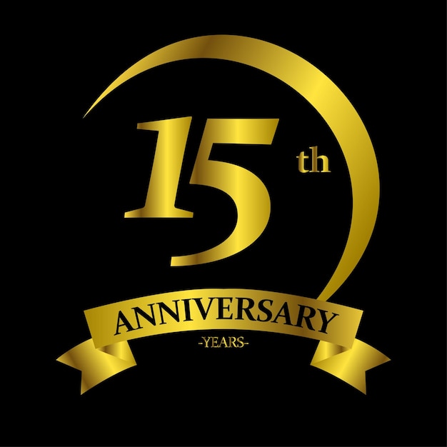 1 year anniversary celebration. Anniversary logo with golden color ring isolated on black background