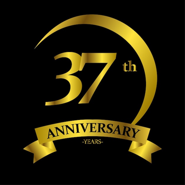 1 year anniversary celebration. Anniversary logo with golden color ring isolated on black background