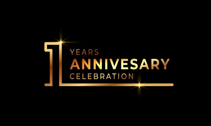 어두운 배경에 고립 된 황금색 하나의 연결된 선으로 1 년 기념일 축하