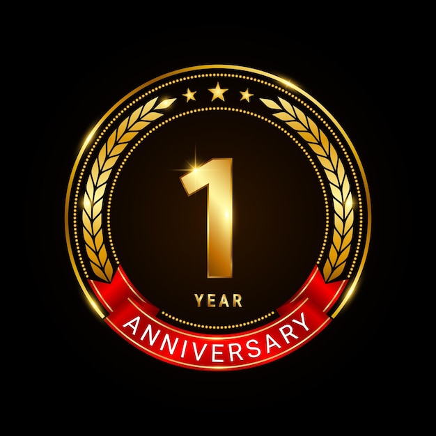 1 year anniversary golden anniversary celebration logotype with red ribbon isolated on black background vector illustration