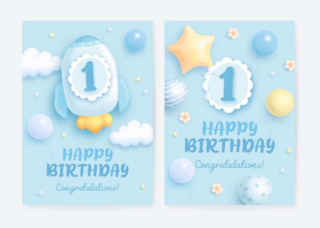 Вектор 1 год счастливого дня рождения открытка для мальчика