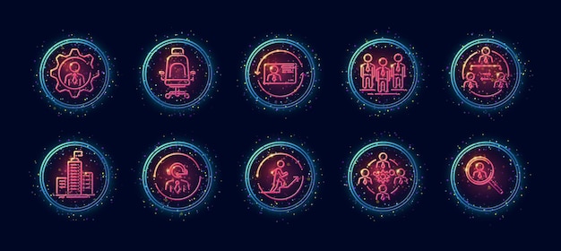 Vector 10 in 1 lineart vector icons set related to human resources theme in neon glow style
