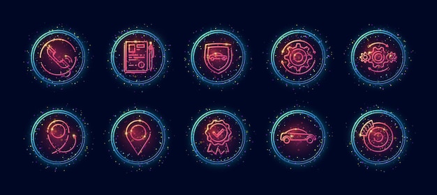 10 in 1 vector icons set related to car insurance theme. Lineart vector icons in geometric neon glow style with particles isolated on background.