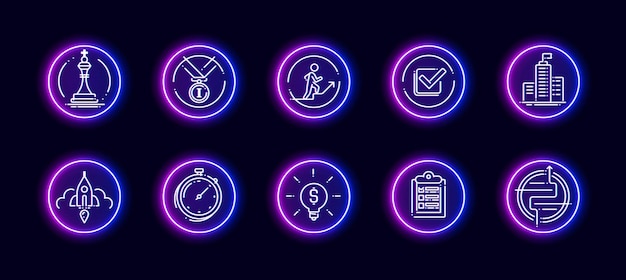 10 in 1 vector icons set related to career evolution theme. lineart vector icons in neon glow style isolated on background.