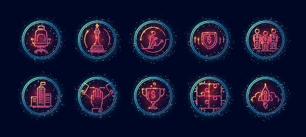 10 in 1 vector icons set related to headquarters office theme. Lineart vector icons in geometric neon glow style with particles isolated on background.