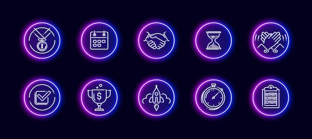 10 in 1 vector icons set related to turnaround theme. lineart vector icons in neon glow style isolated on background.