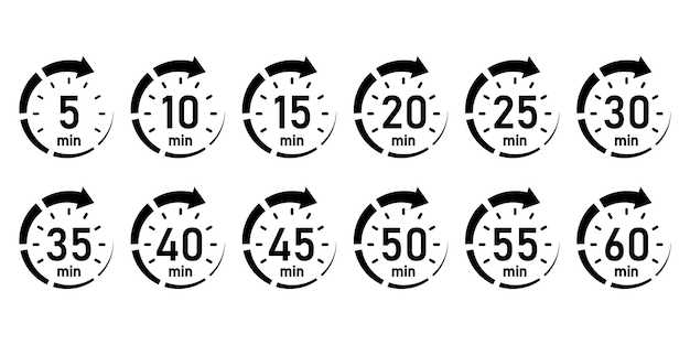 10, 15, 20, 25, 30, 35, 40, 45, 50 минут, таймер, часы, секундомер, изолированные иконки набора.