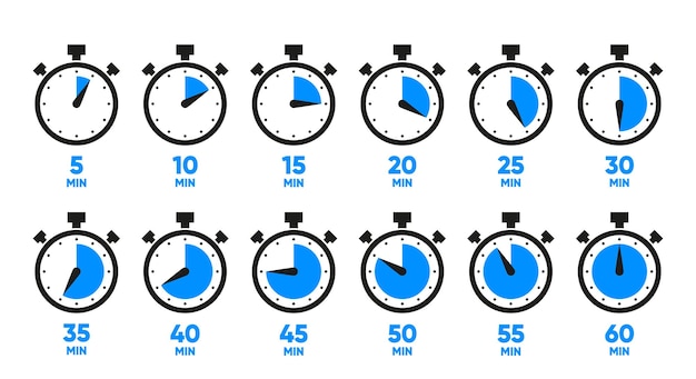 10 15 20 25 30 35 40 45 50 min Timer klok stopwatch geïsoleerde set pictogrammen Kookwekker met minuten