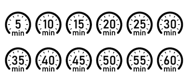 Vector 10, 15, 20, 25, 30, 35, 40, 45, 50 min, timer, klok, stopwatch geïsoleerde set pictogrammen.