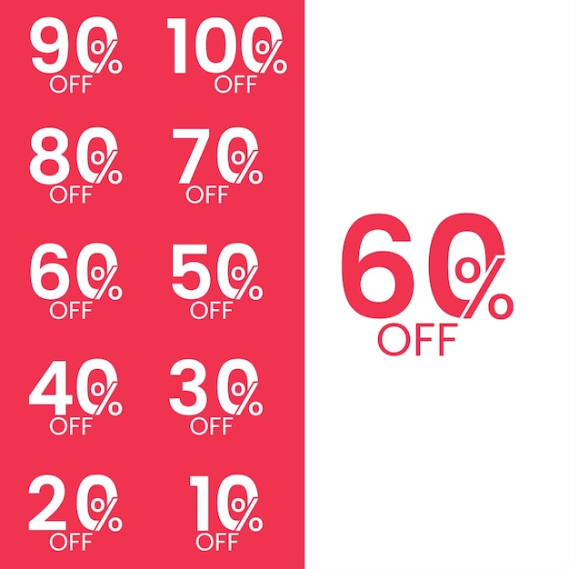 10%, 20%, 30%, 40%, 50%, 60%, 70%, 80%, 90% off. Sale tags set vector badges template. Sale off