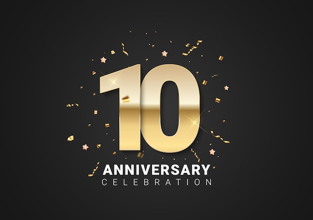 Vector 10 anniversary background with golden numbers, confetti, stars on bright black holiday background. vector illustration