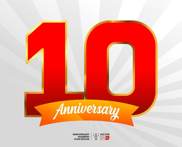 10 Anniversary vector font numbers with ribbon and starburst background Suitable for icon logo etc