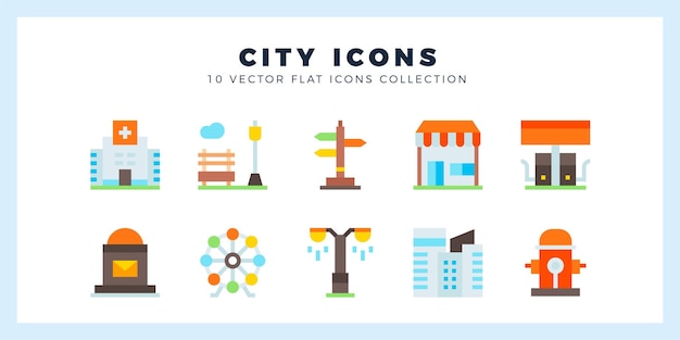 Vector 10 city flat icon pack vector illustration