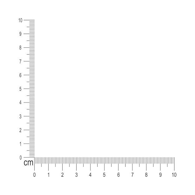 10cm 코너 눈금자. 센티미터가 있는 수직선과 수평선이 있는 측정 도구 템플릿