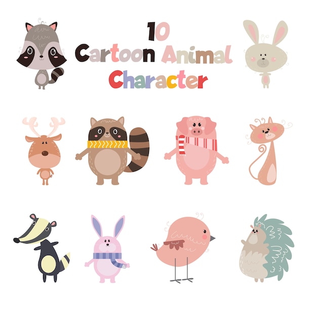 10 collection of cute animal cartoon characters