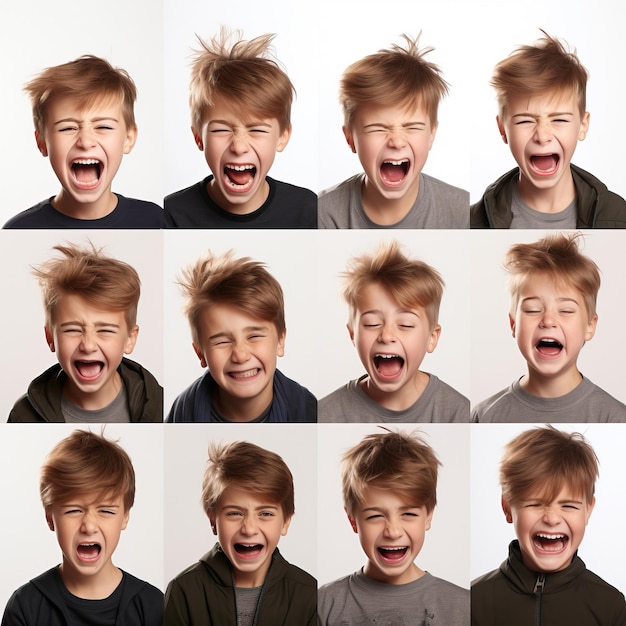 Vector 10 componenten voor jongensexpressie die lachen, boos huilen, hulpeloos
