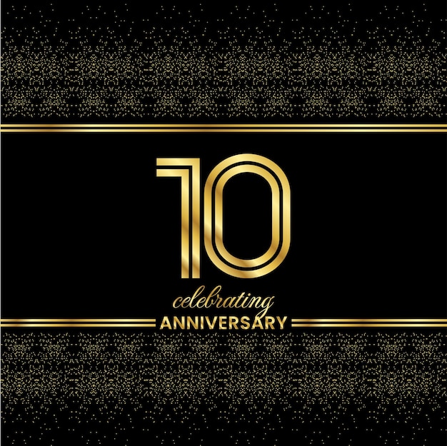 10 Golden Double Line Number Anniversary invitation cover with glitter separated by golden double lines on a black background