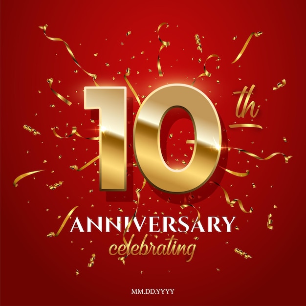 Vector 10 golden numbers and anniversary celebrating text with golden and confetti on red background