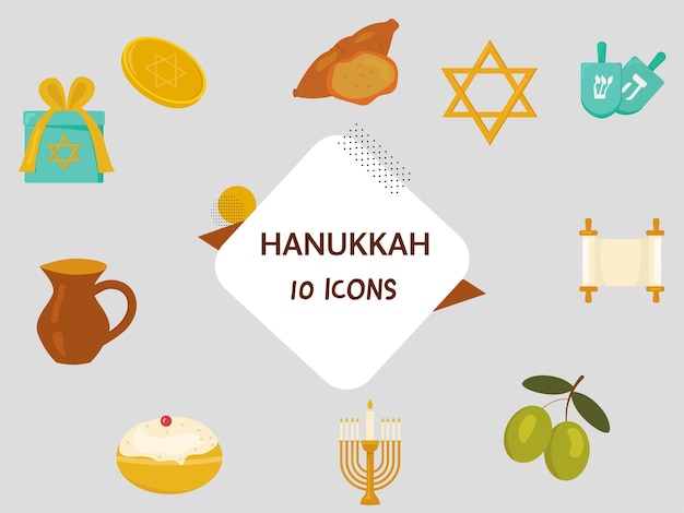 10 Hanukkah Elements Set On Grey Background For Jewish Festival Celebration