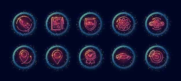 10 in 1 vector iconen set gerelateerd aan autoverzekering thema. Lineart vector iconen in geometrische neon gloed stijl met deeltjes geïsoleerd op de achtergrond.