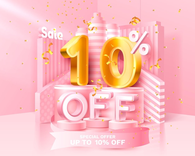 10% korting. korting creatieve compositie. 3d-verkoopsymbool met decoratieve objecten, gouden confetti, podium en geschenkdoos. verkoop spandoek en poster. vector illustratie.