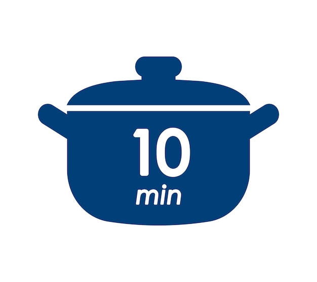 10-минутное время приготовления с синей этикеткой, символ кастрюли с десятиминутной отметкой времени кипения, векторная иллюстрация