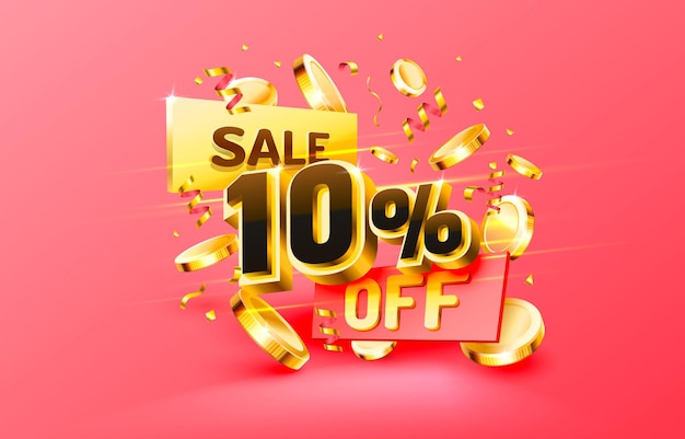 10 Off. Discount creative composition. 3d sale symbol with decorative objects, golden confetti, podium and gift box. Sale banner and poster. Vector illustration.