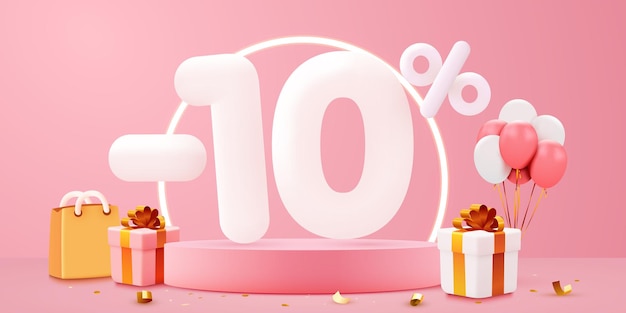 10 percent Off Discount creative composition Sale symbol with decorative objects balloons golden confetti podium and gift box Sale banner and poster