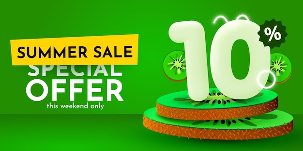 Sconto del 10 percento sulla composizione creativa banner di saldi estivi con kiwi banner e poster di vendita