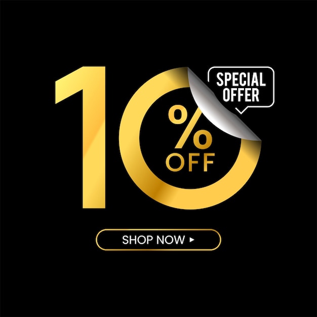 10 percent off discount golden numbers with percent sign unique zeros in black background vector